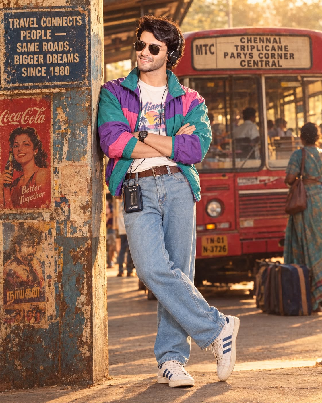 1980s Indian Man with Walkman Retro Fashion Portrait | Vintage Bus AI Image Prompt