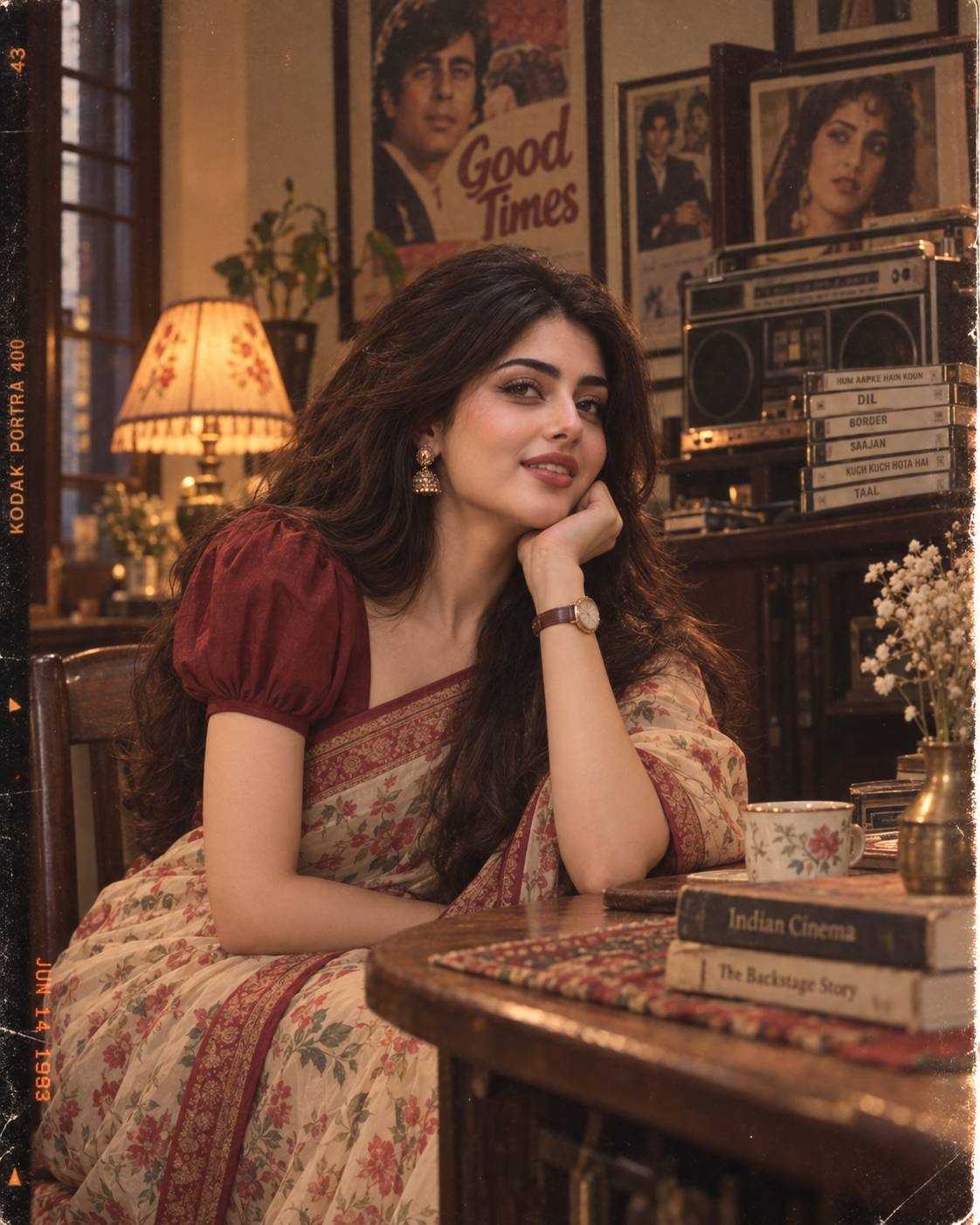 1980s Indian Retro Saree Portrait in Vintage Room | AI Image Prompt