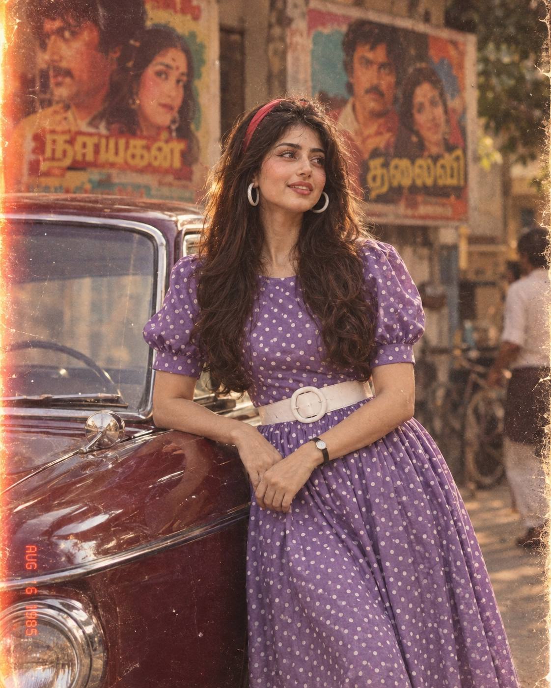 1980s Purple Polka Dot Dress with Vintage Car | AI Image Prompt