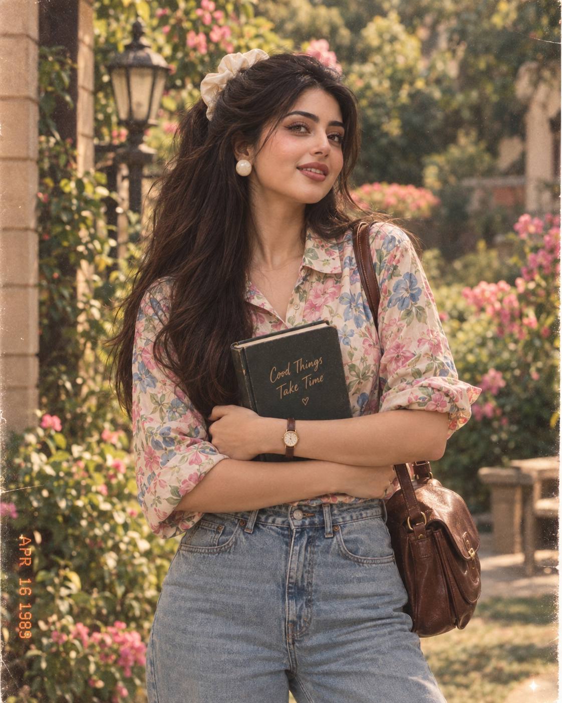 1980s Retro Garden Portrait with Floral Shirt & Book | AI Image Prompt