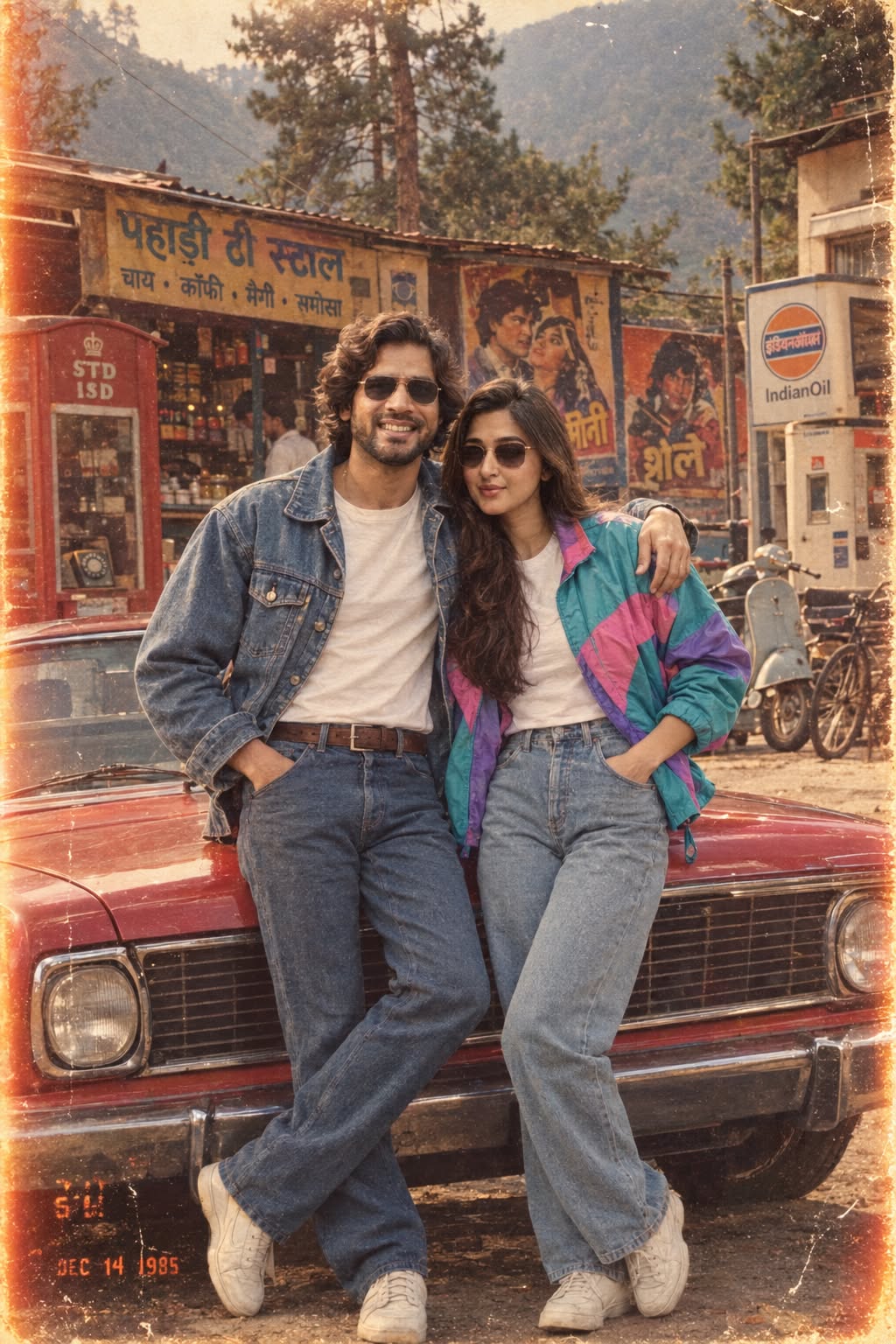 1985 Bollywood Couple at Hill Station with Vintage Car | AI Image Prompt
