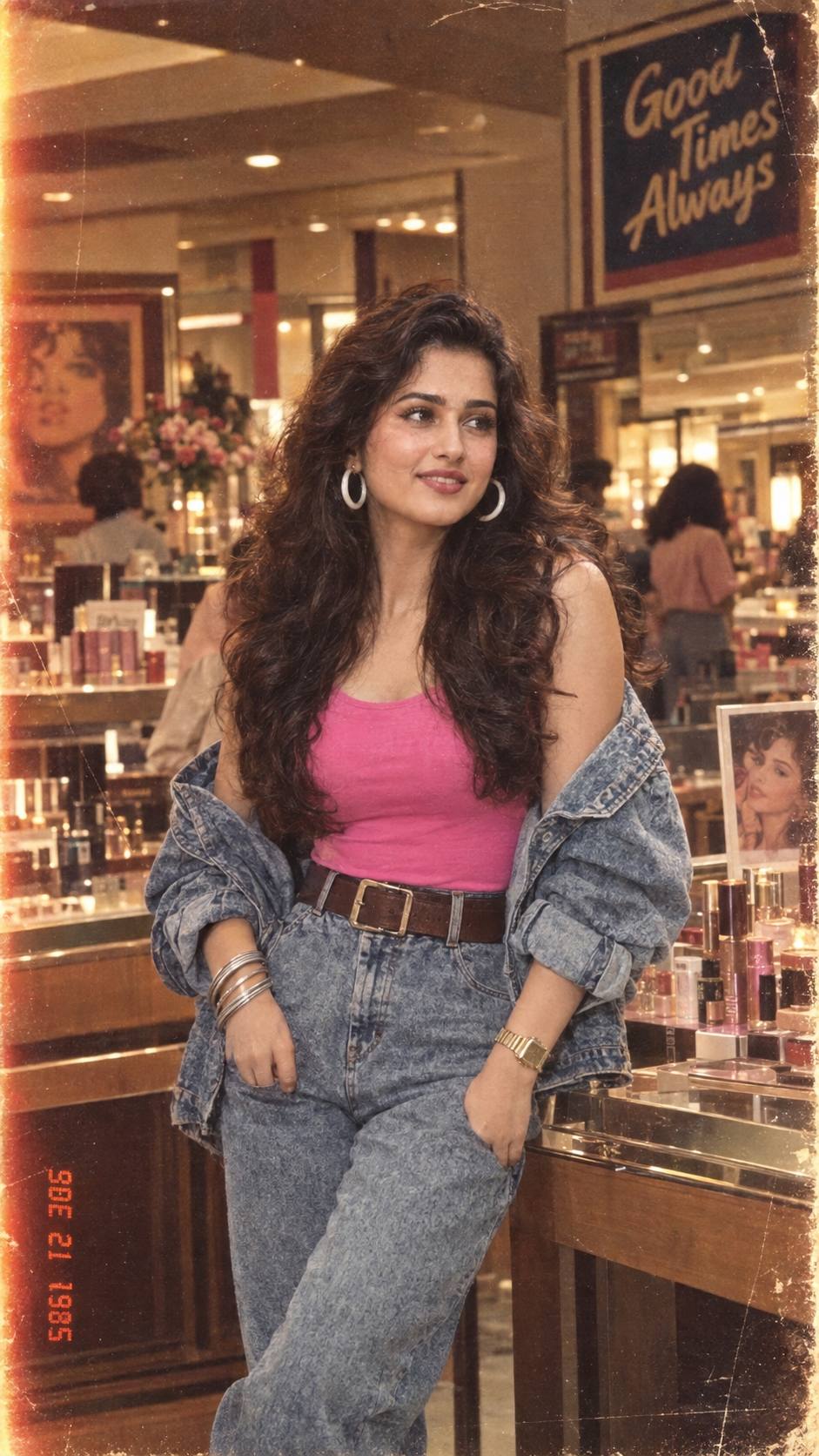 1985 Retro Fashion Shop Portrait with Denim & Pink Top | AI Image Prompt