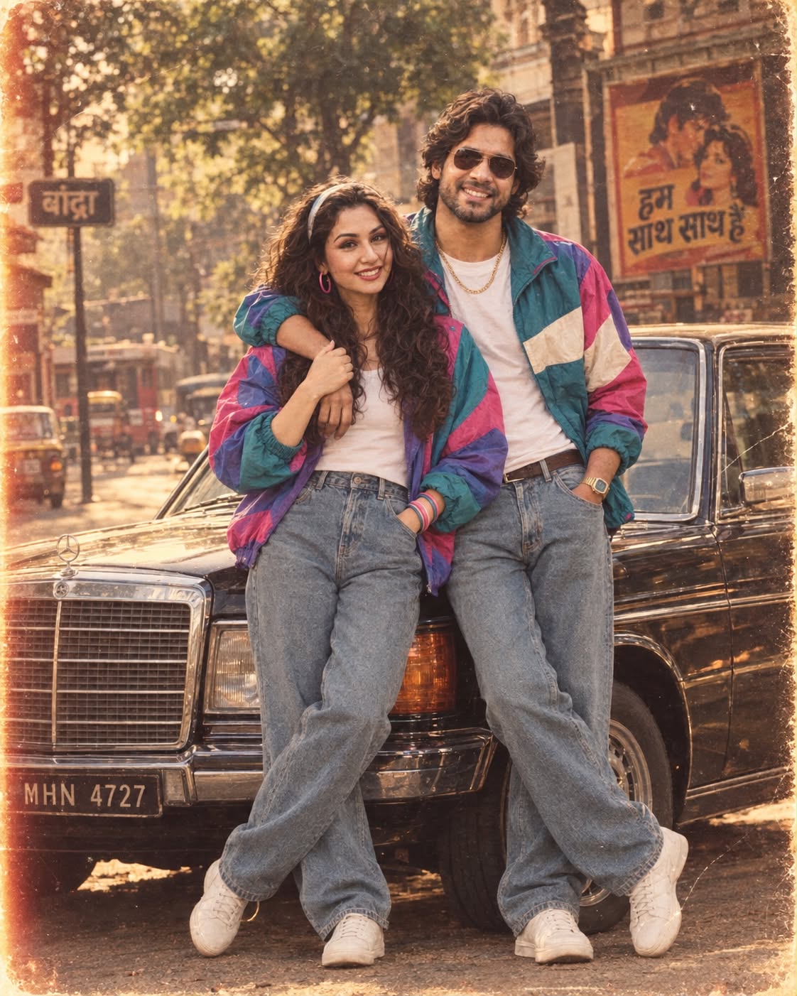 1990s Retro Couple with Vintage Car & Color Block Jackets | AI Image Prompt