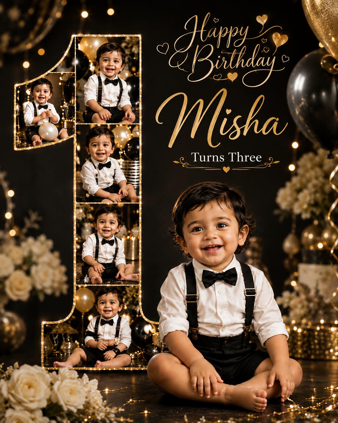 1st Birthday Baby Boy Luxury Collage AI Image Prompt | Black & Gold Birthday Poster