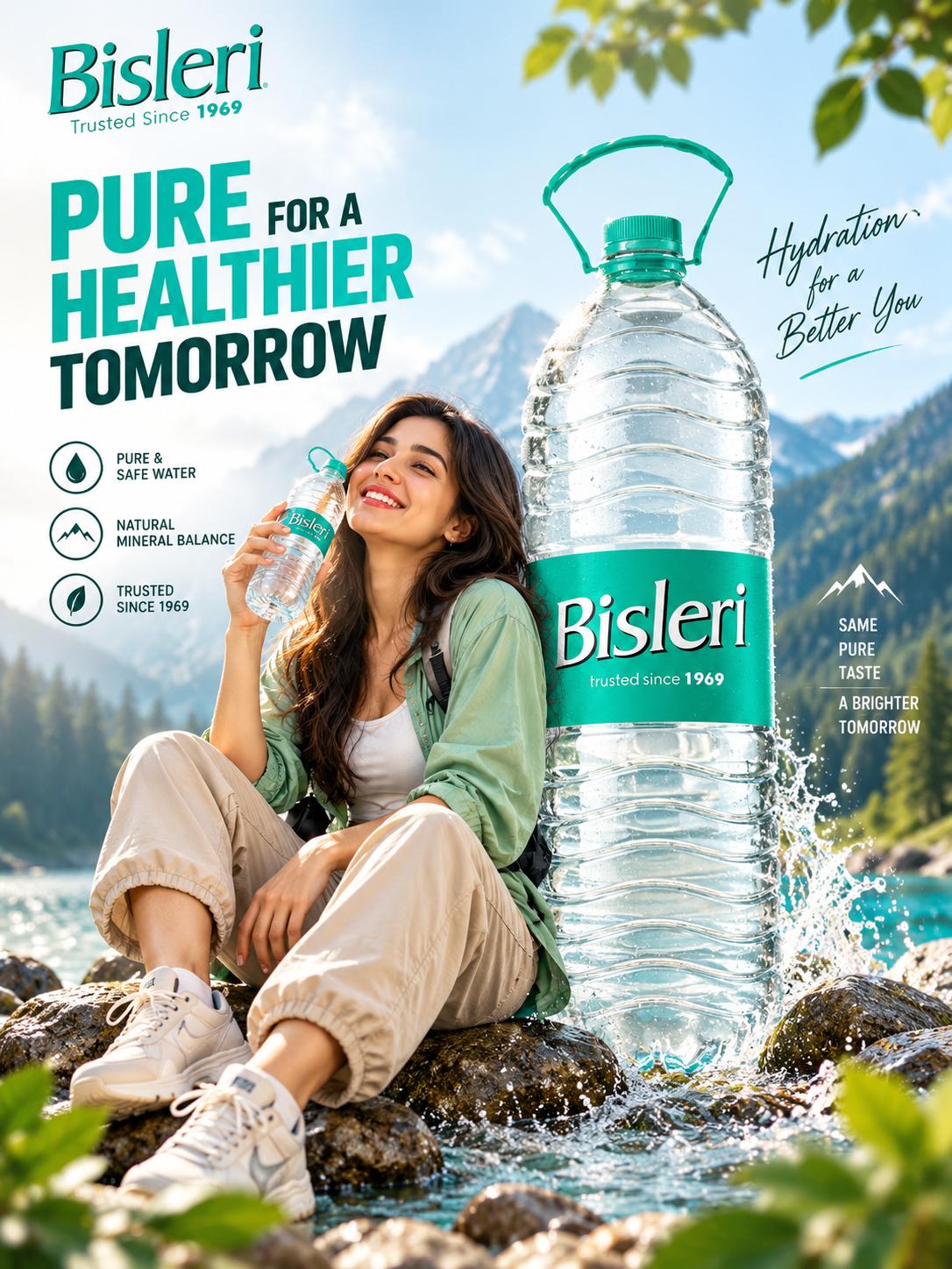 Bisleri Mineral Water Advertising AI design Prompt | Outdoor Campaign & Premium Product Display