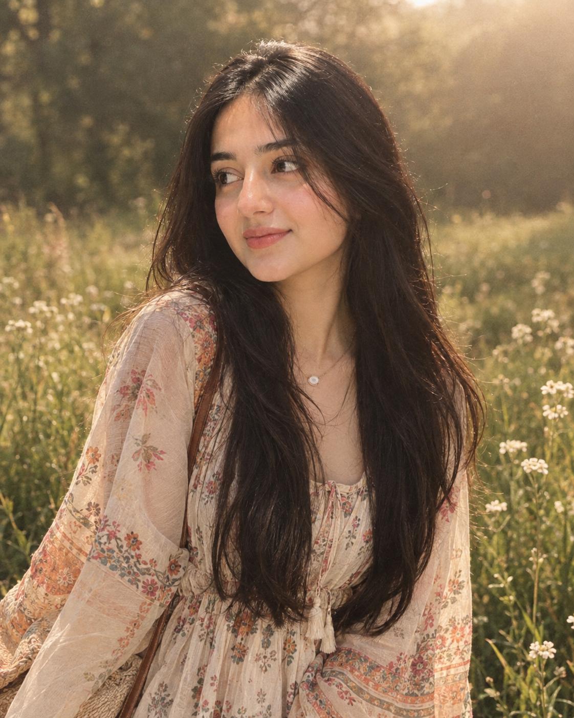 Desi Woman Meadow Portrait AI Image Prompt | Boho-Chic Style & Warm Vintage Glow