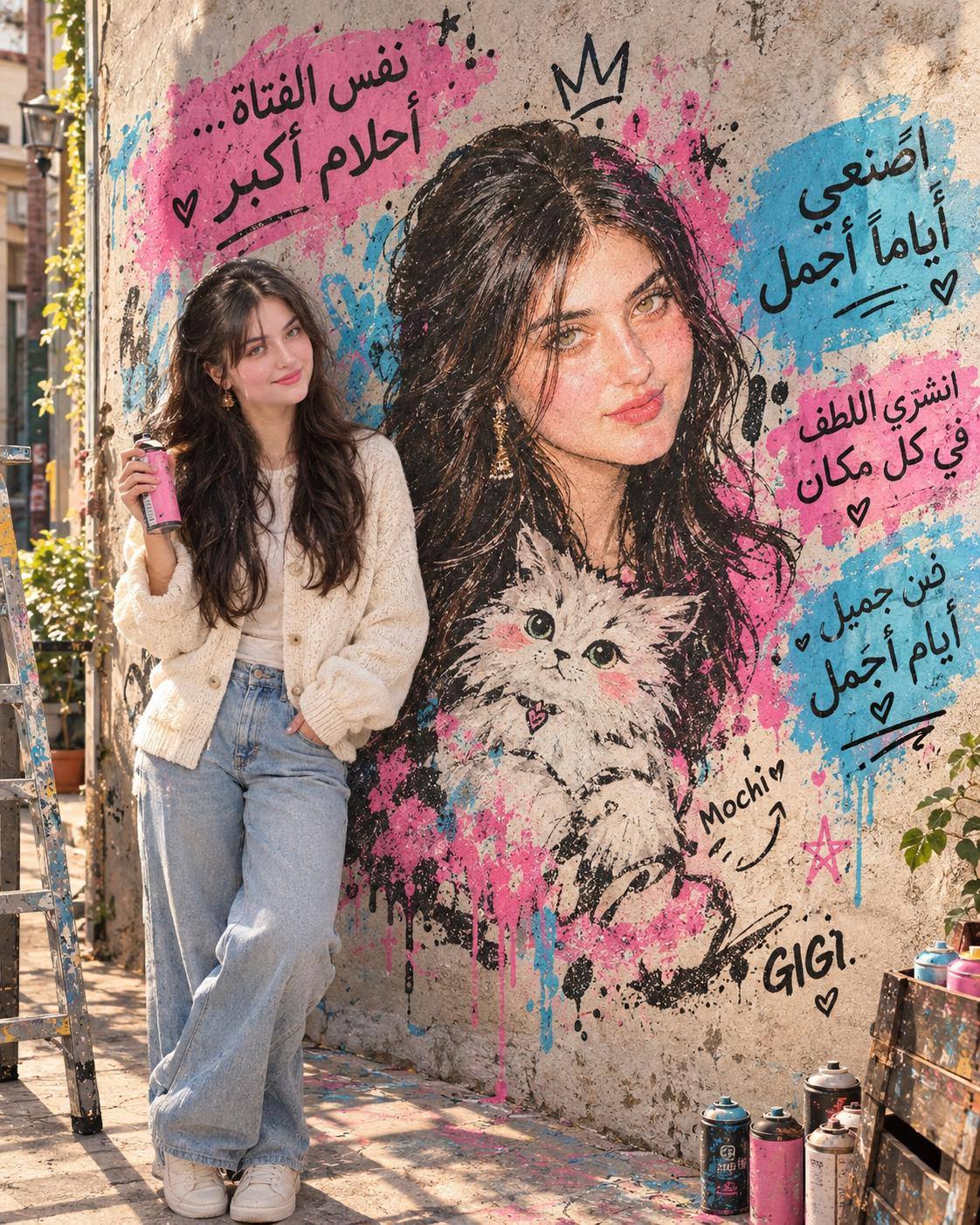 Woman Street Art Portrait AI Image Prompt | Pink Spray Paint & Arabic Graffiti Mural