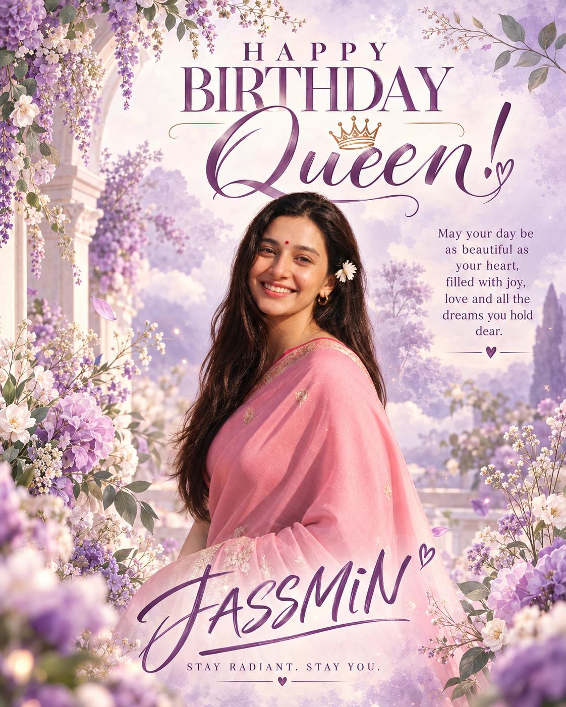 Customisable birthday poster AI image prompt ChatGPT | Lavender pink watercolor, personalized queen design
