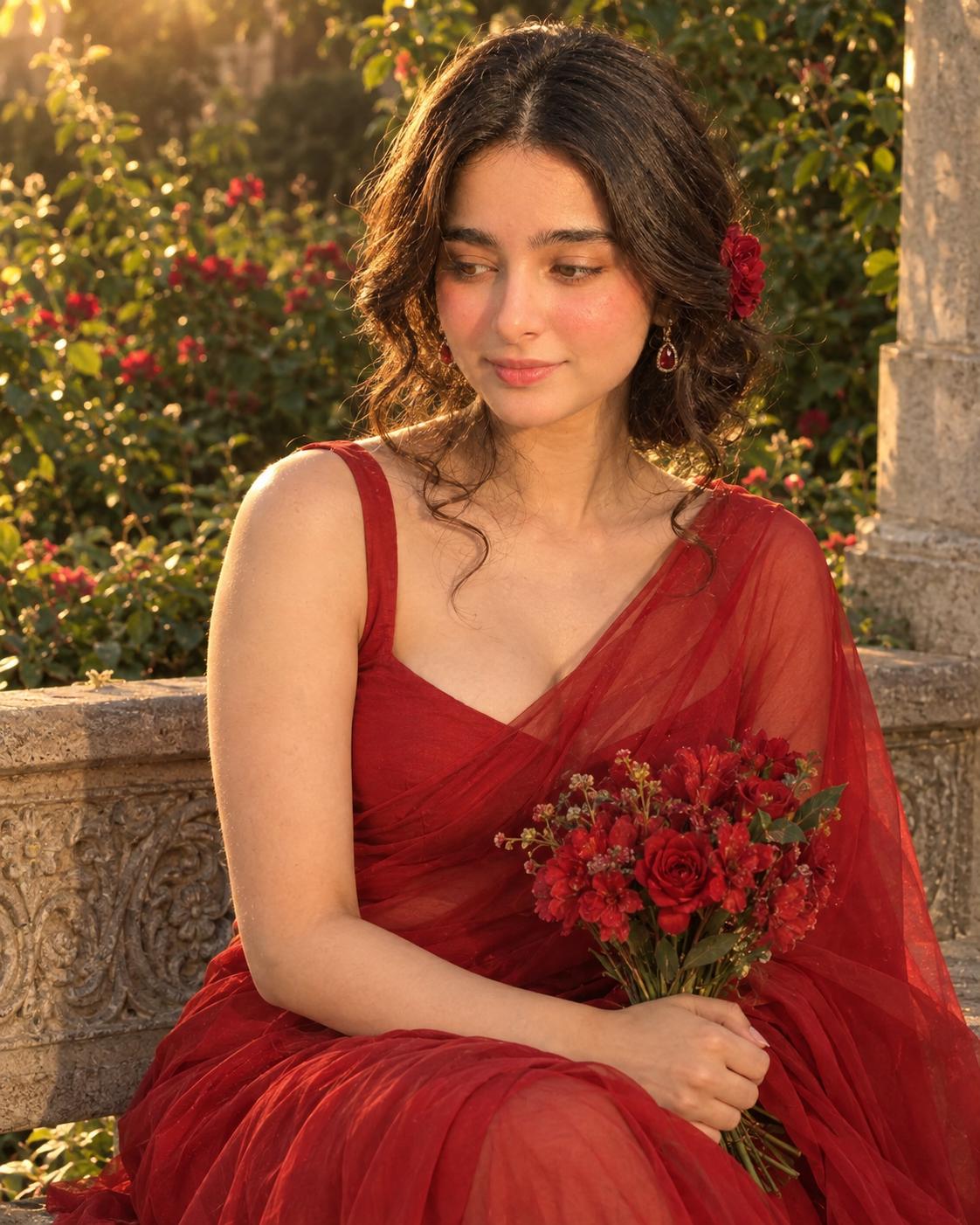 Indian woman red saree portrait AI image prompt | Golden hour garden cinematic photography