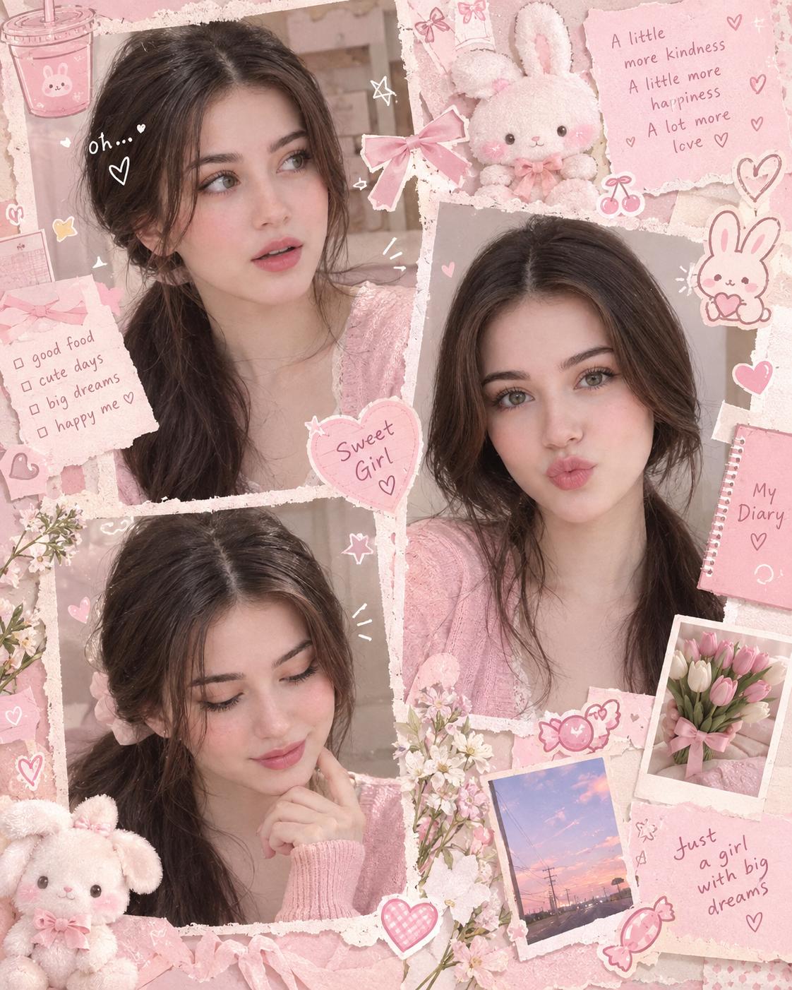 Dreamy Pastel Pink Kawaii Girl Collage AI Image Prompt | Cute Scrapbook Aesthetic