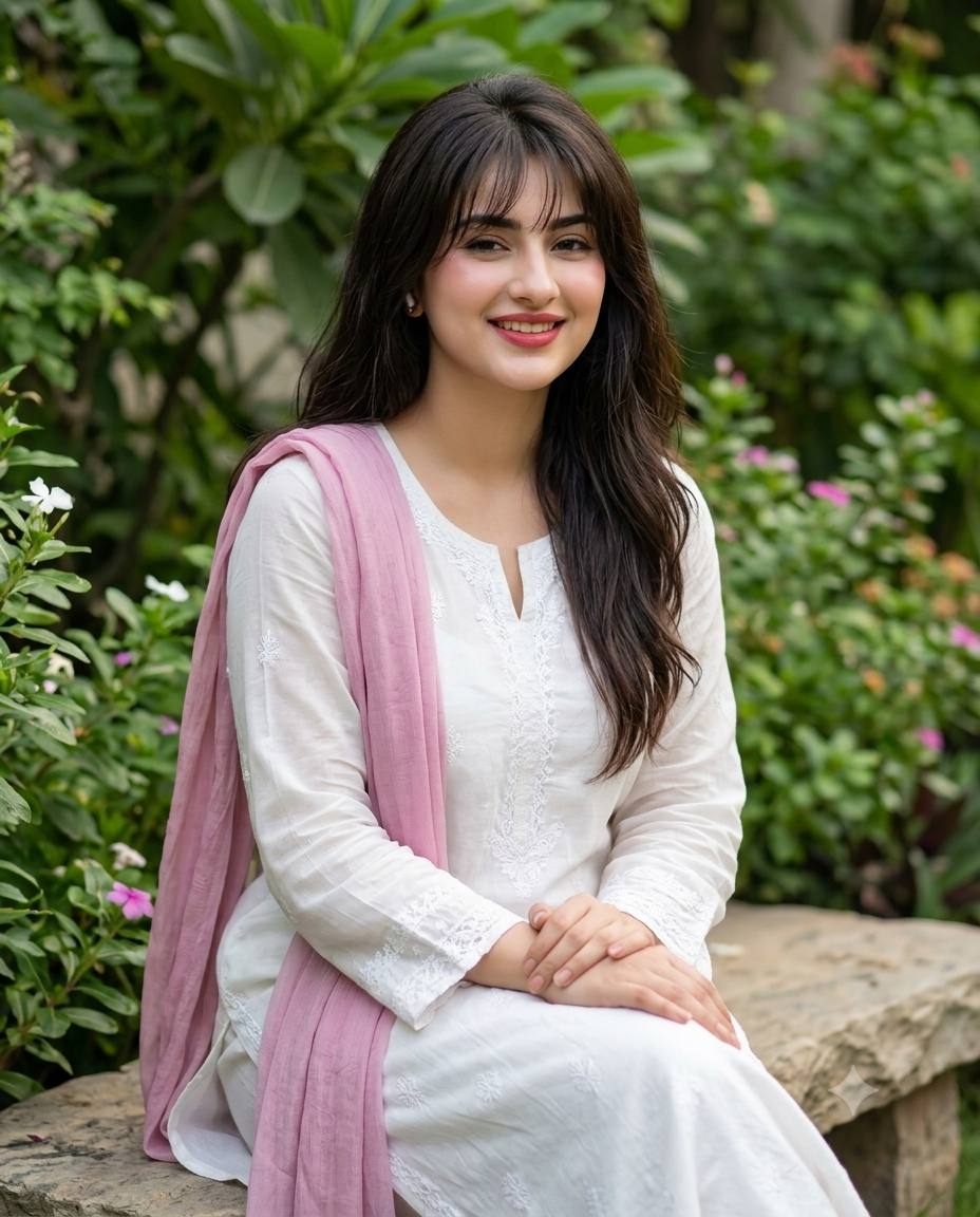 Ivory Indian portrait AI prompt | Embroidered outfit & garden bokeh