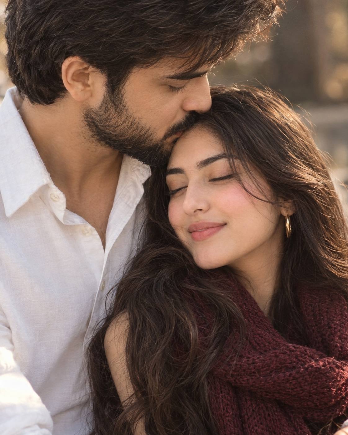 Romantic couple portrait AI prompt | Forehead kiss & burgundy scarf