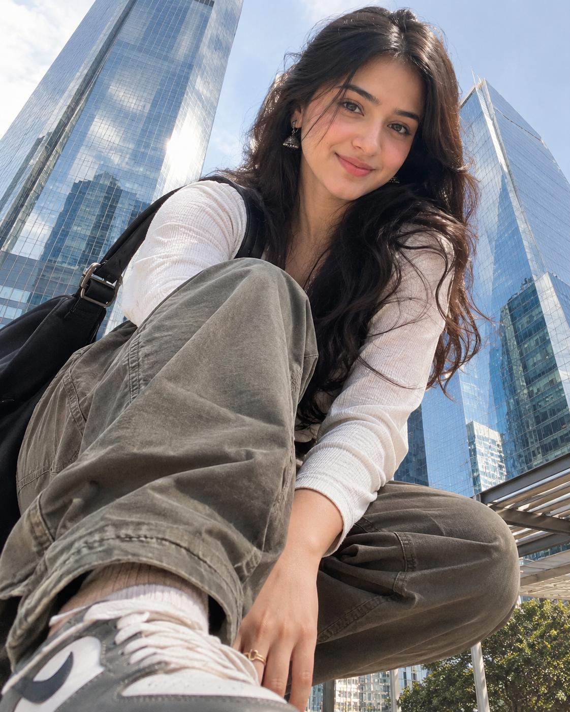 Curly-Haired Woman Street Fashion AI Image Prompt | Extreme Low-Angle Urban Editorial