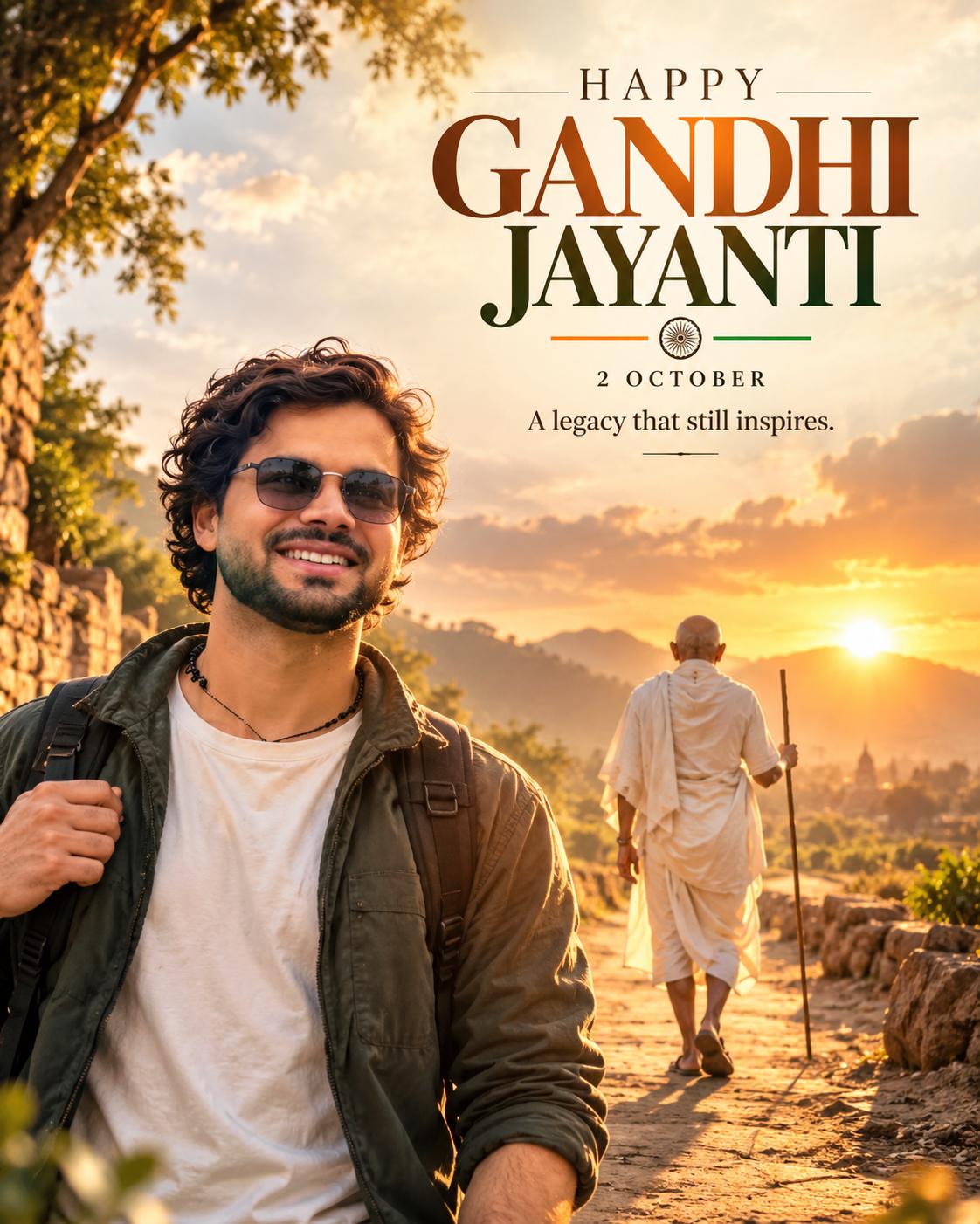 Happy Gandhi Jayanti Golden Hour Portrait AI Photo Prompt