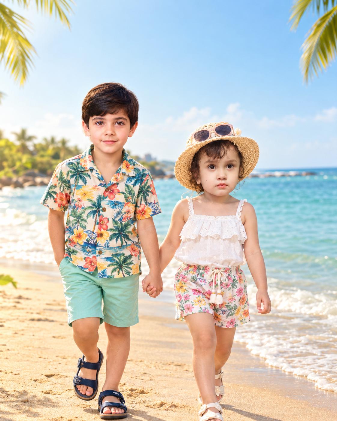 Kids Summer Fashion Editorial Style AI Image Prompt | Tropical Golden Hour Campaign
