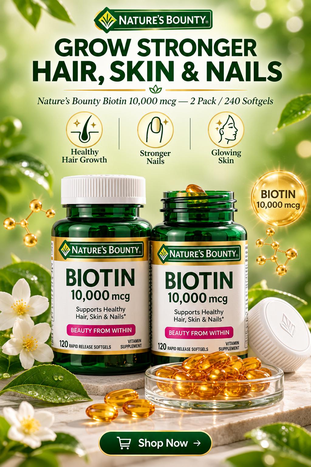 Nature’s Bounty Biotin Product Poster AI Image Prompt ChatGPT | Luxury Supplement Advertising & Social Media Design
