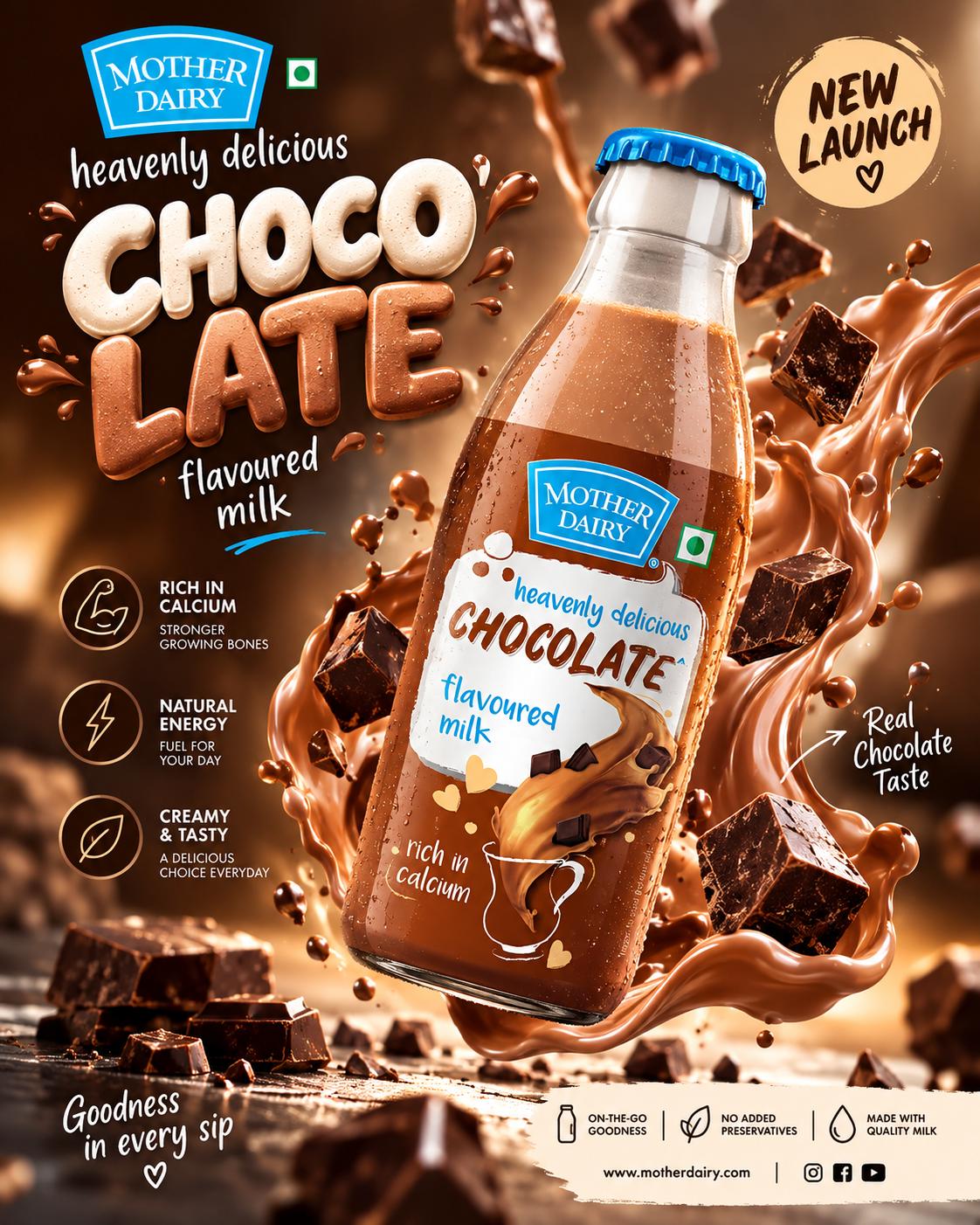 Chocolate milk advertising AI prompt | Premium beverage, rich chocolate & commercial poster