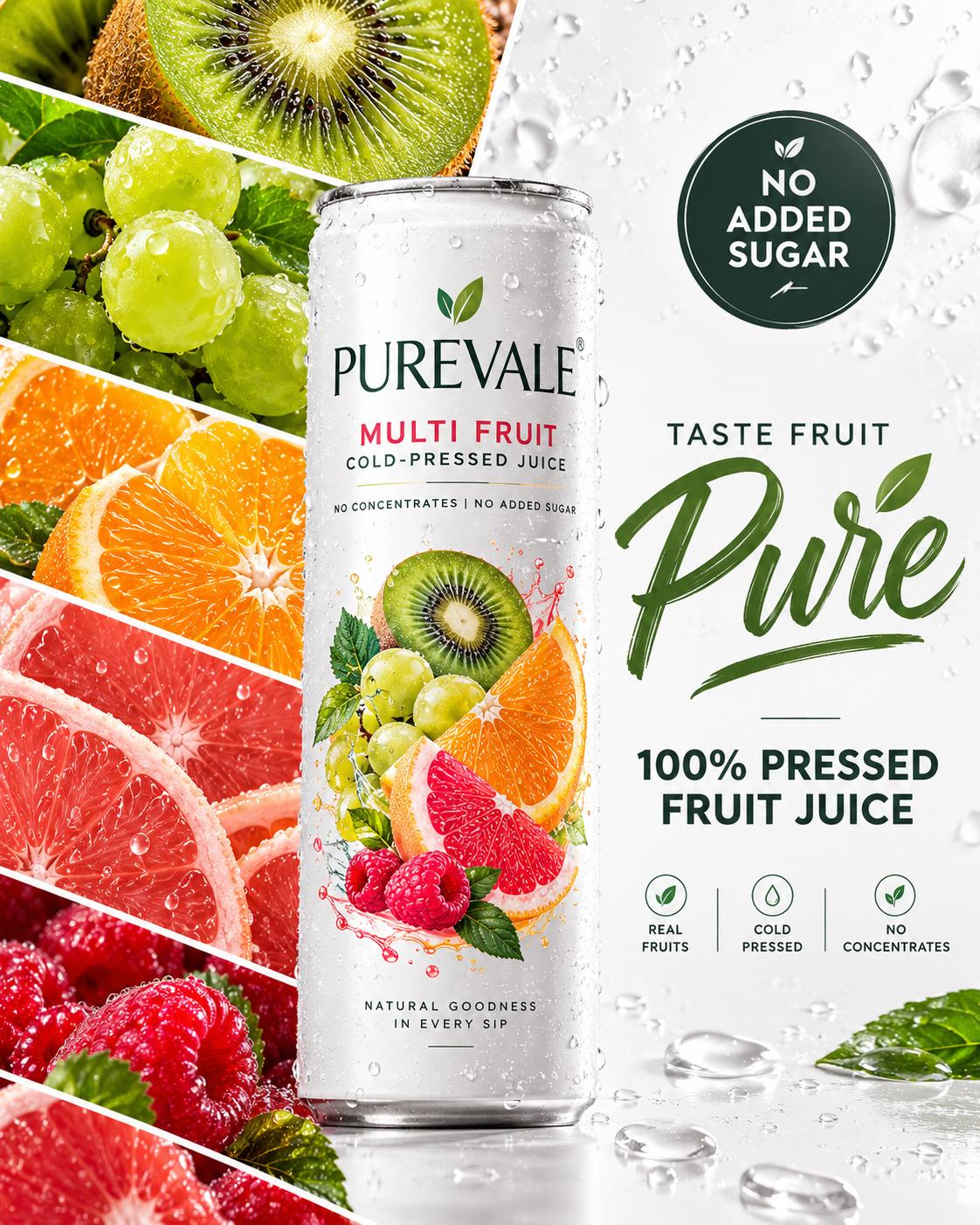 Purevale Multi Fruit Juice Can Ad – ChatGPT Image Prompt | Premium Beverage Poster