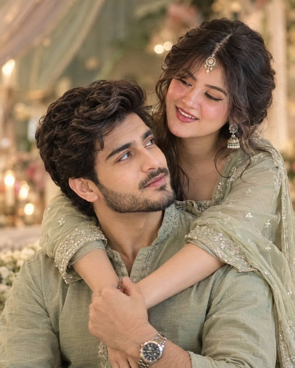 Indian couple portrait AI prompt | Sage green outfits, back hug & royal tent