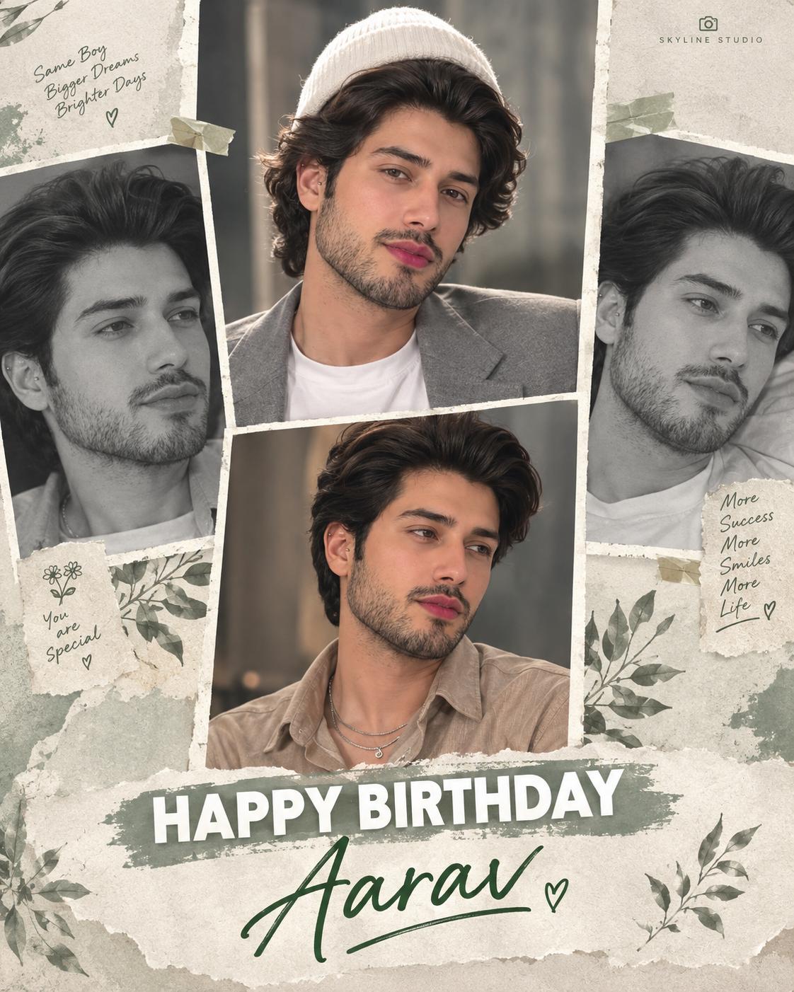 Stylish Three-Panel Birthday Poster Design for Men AI Image Prompt | Green Script Typography, Grayscale Portrait Collage & Modern Fan-Edit