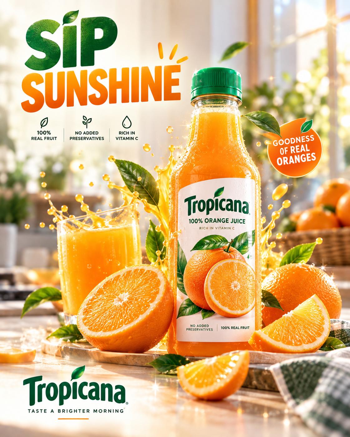 Tropicana Orange Juice Advertising AI Creative Prompt – Premium Beverage Campaign Design Idea