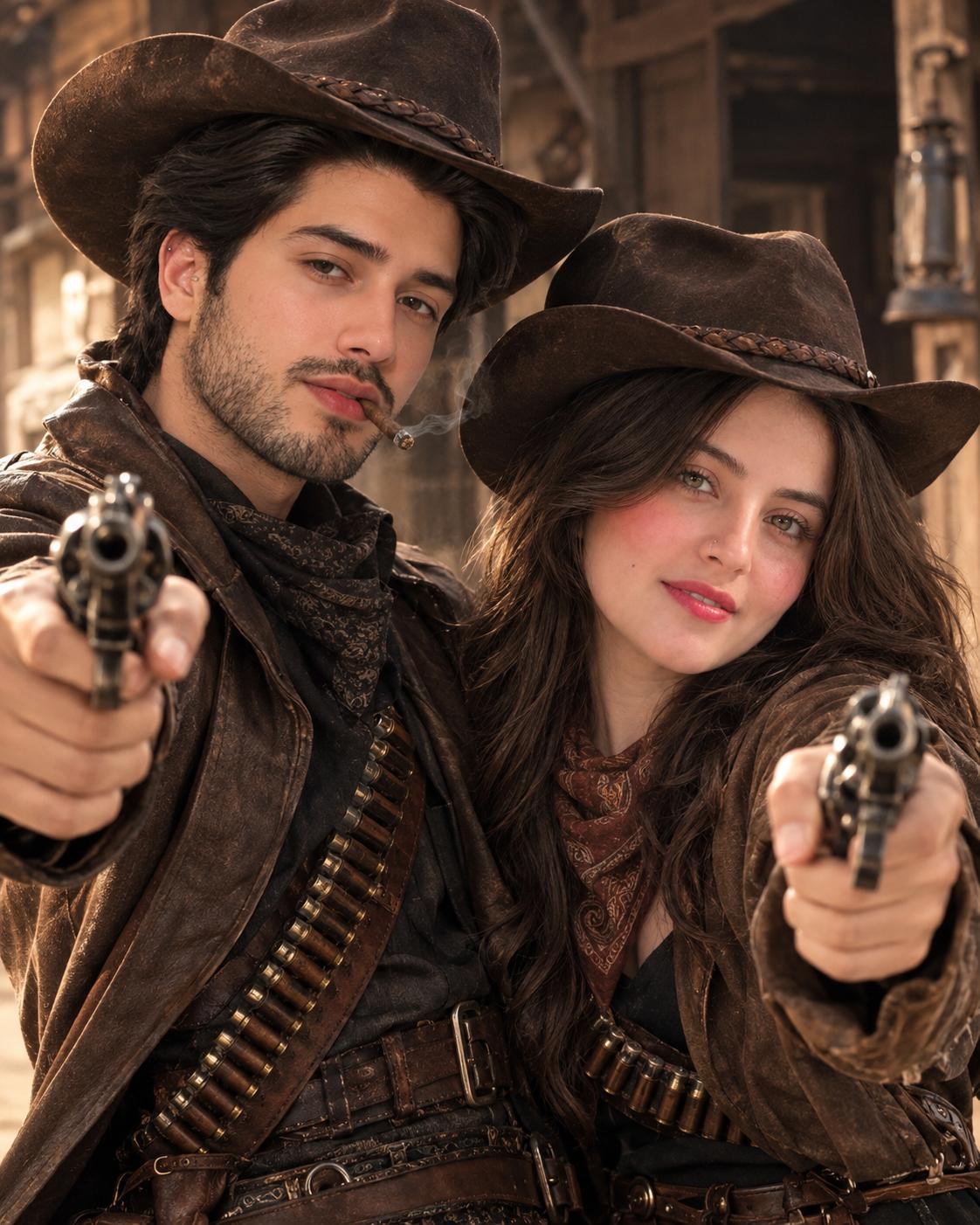 Western outlaw couple AI image prompt ChatGPT | Rugged leather outfits, cowboy bandoliers and cinematic Western movie style
