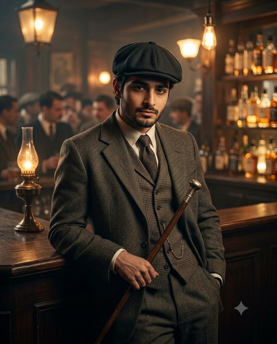 Young Man 1920s Gangster Portrait AI Image Prompt | Vintage Suit & Cinematic 85mm Lighting