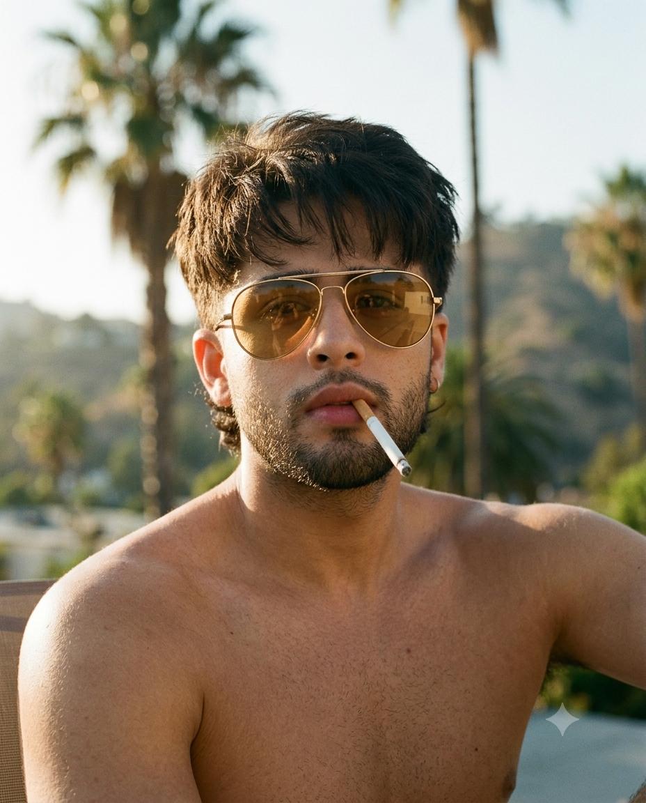 1970s Hollywood Male Portrait AI Image Prompt Gemini | Gold Aviators & Retro 35mm Film Photography
