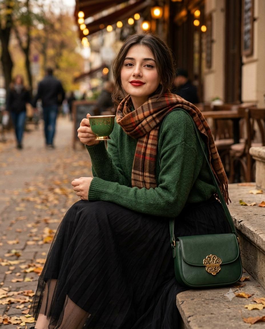 1970s Autumn Cafe Portrait Vintage Style AI Image Prompt | Retro Green Sweater Film Aesthetic