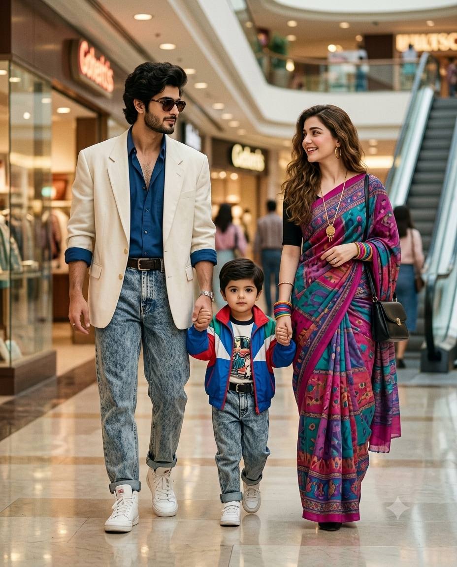 1980s Indian family portrait AI prompt | Retro Bollywood couple and son