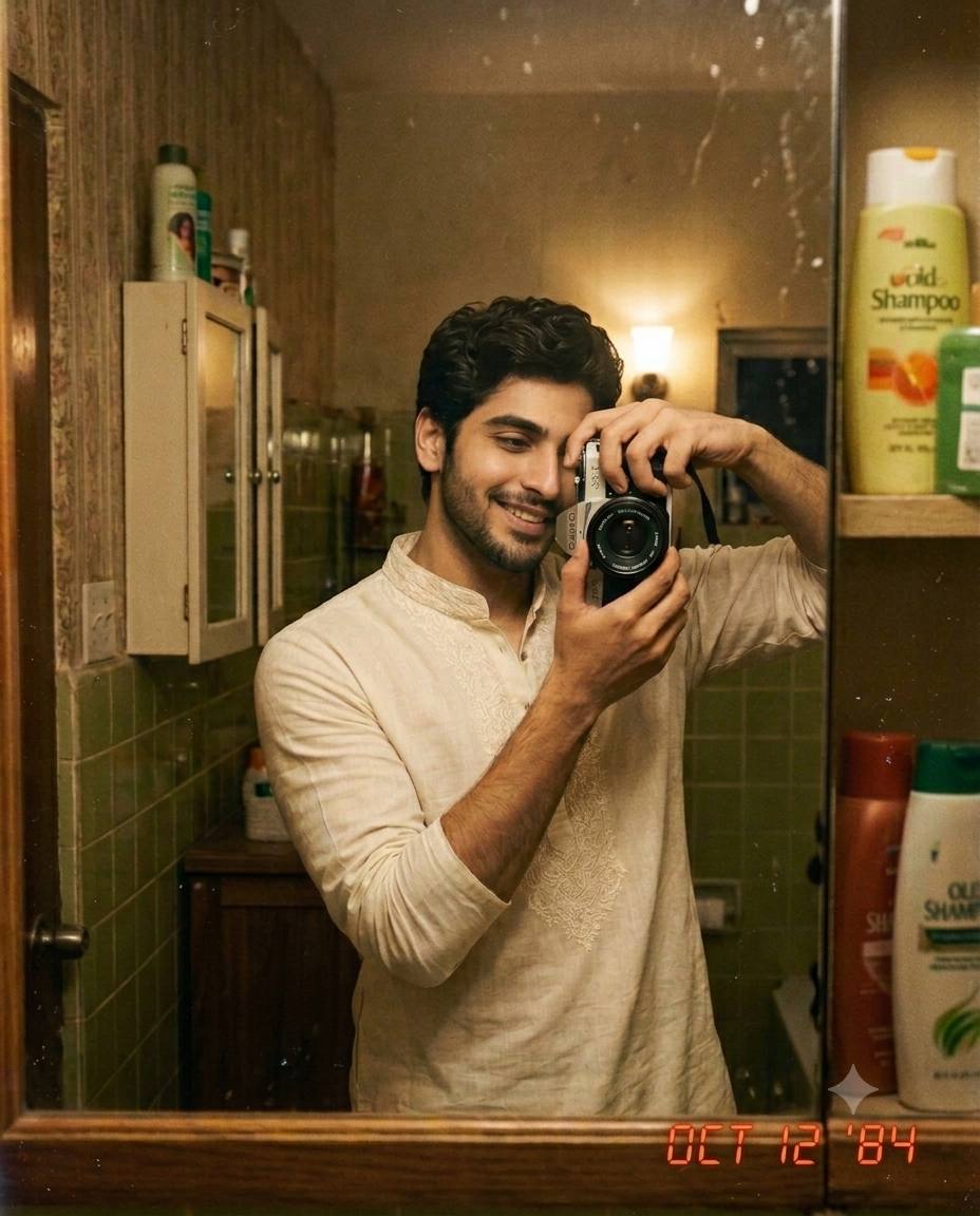 1984 Retro Bathroom Mirror Selfie – Vintage 35mm Film Photography AI Prompt