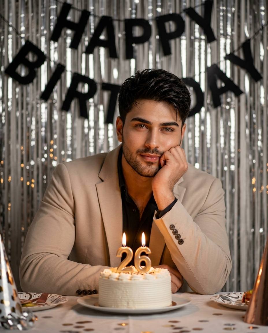 26th birthday man AI prompt | Beige blazer, cake & cinematic lighting