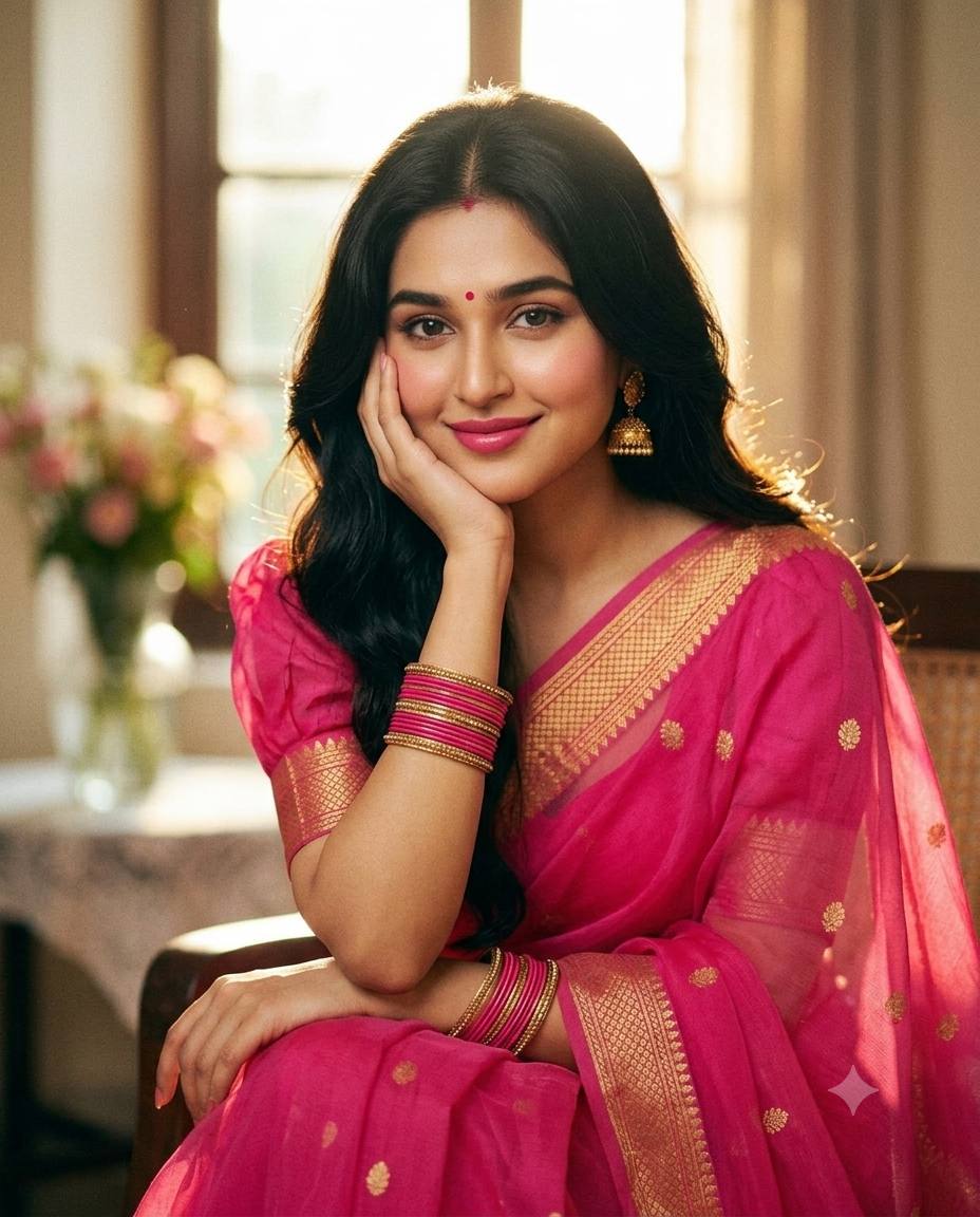 90s Bollywood heroine AI prompt | Pink sheer saree & vintage film glow