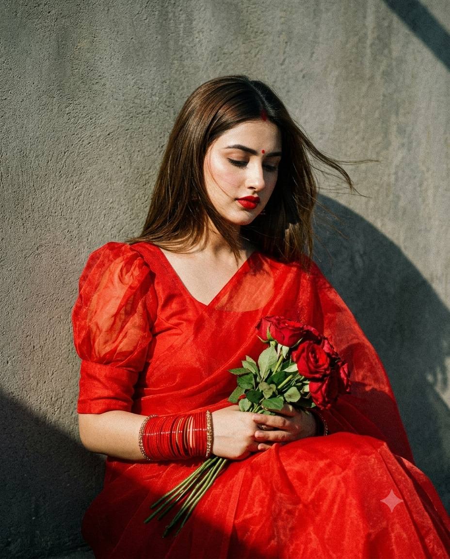90s retro saree portrait AI prompt | Red organza, roses and cinematic romance