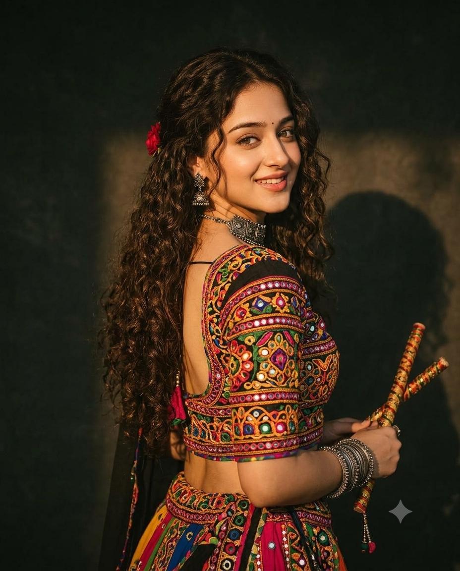 90s Vintage Garba Back Pose Portrait – Woman in Vibrant Embroidered Garba Dress with Choker, Bangles & Dandiya | AI Image Prompt