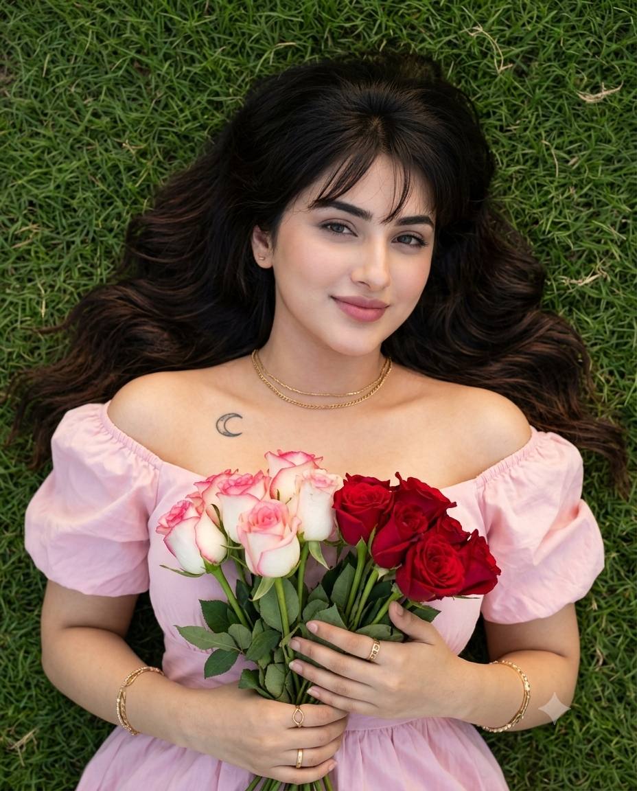 Aerial rose portrait AI prompt | Pink dress, roses & gold jewelry