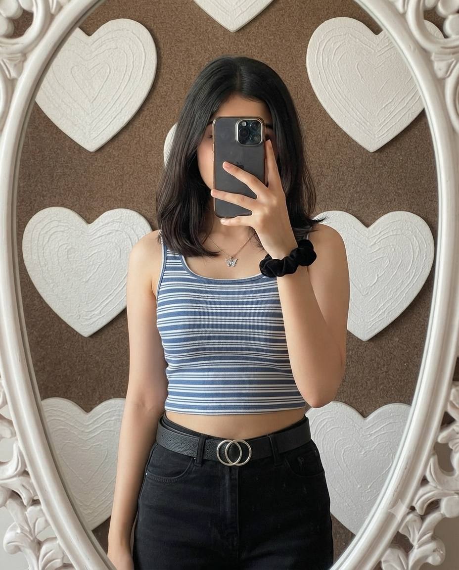Aesthetic Blue and White Crop Top Mirror Selfie with Heart Background – AI Image Prompt