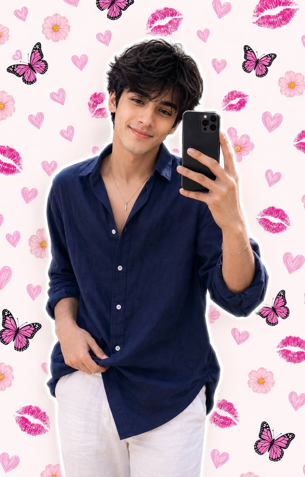 AI Boy Mirror Selfie Prompt – Pink Aesthetic Instagram Portrait | AI image prompt