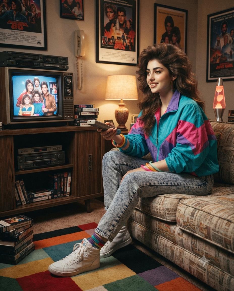 1980s retro portrait AI prompt | CRT TV, VHS & nostalgic fashion