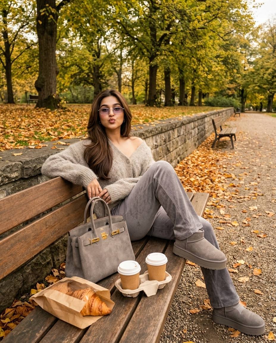 Autumn park fashion AI prompt | Mohair cardigan, sweatpants & UGG boots