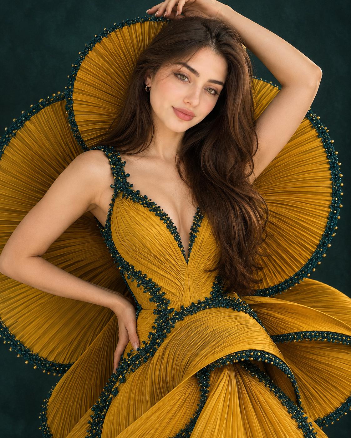 Mustard yellow sculptural gown AI image prompt | Dramatic teal avant-garde fashion editorial