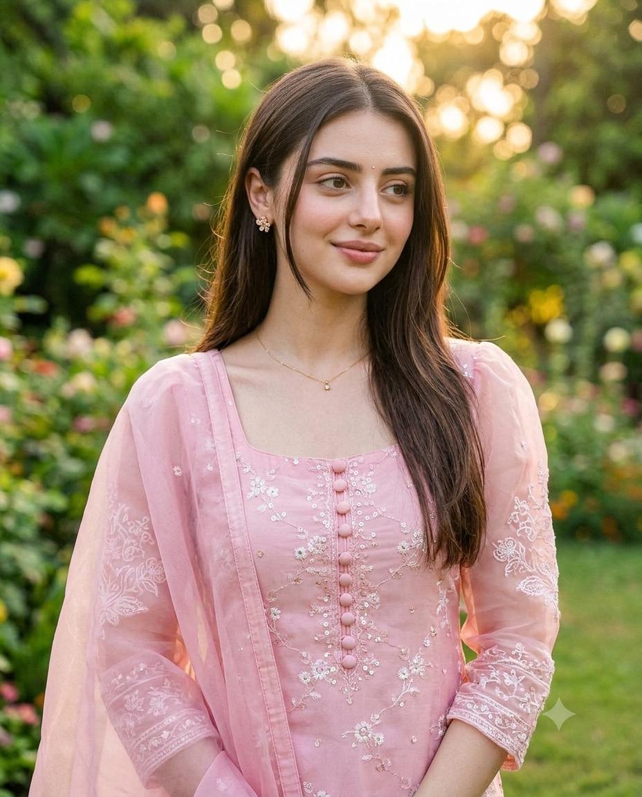 Dreamy Garden Bokeh Woman Portrait AI Image Prompt Gemini | Pastel Pink Embroidered Salwar Suit