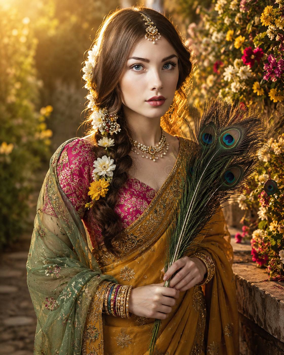 Beautiful Indian Woman in Yellow Saree with Peacock Feathers | Ultra Realistic AI Portrait Prompt