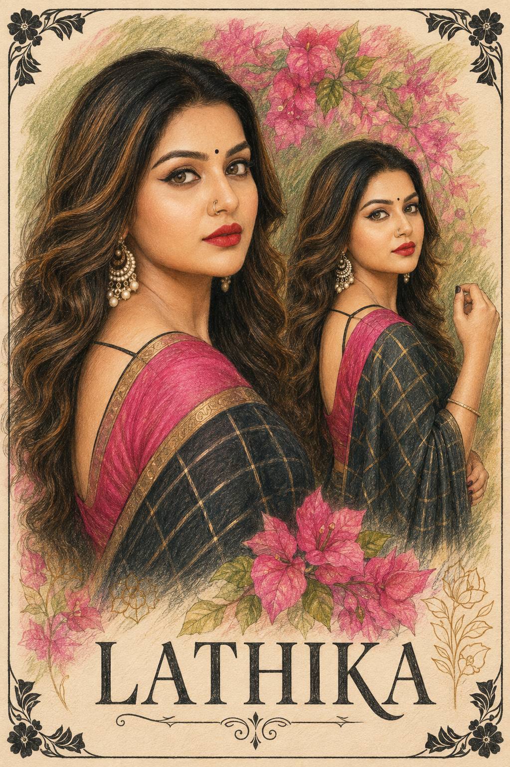 Beautiful South Asian Woman Colored Pencil Sketch in Traditional Saree | Floral Portrait AI Art
