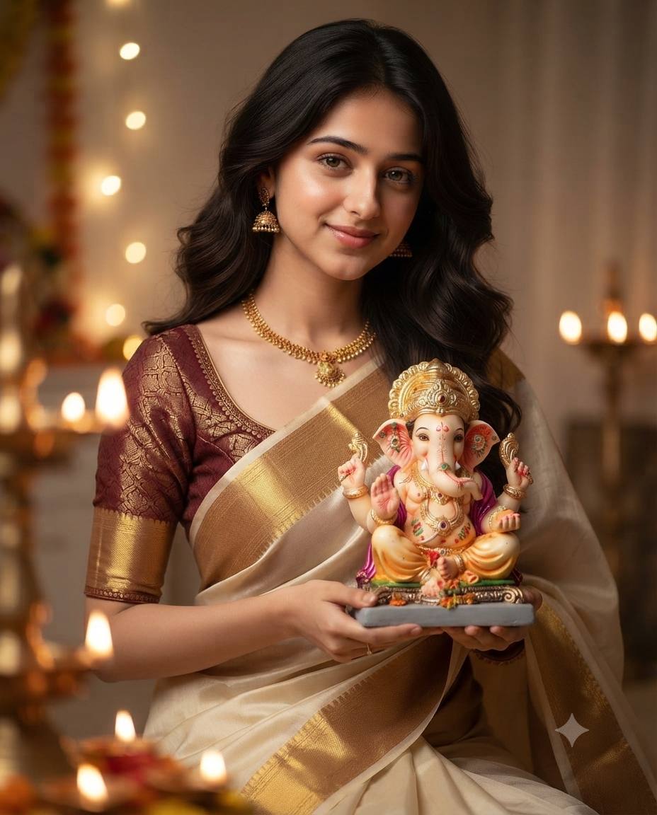Indian woman Ganesh Chaturthi portrait AI prompt | Ganesha idol festive style
