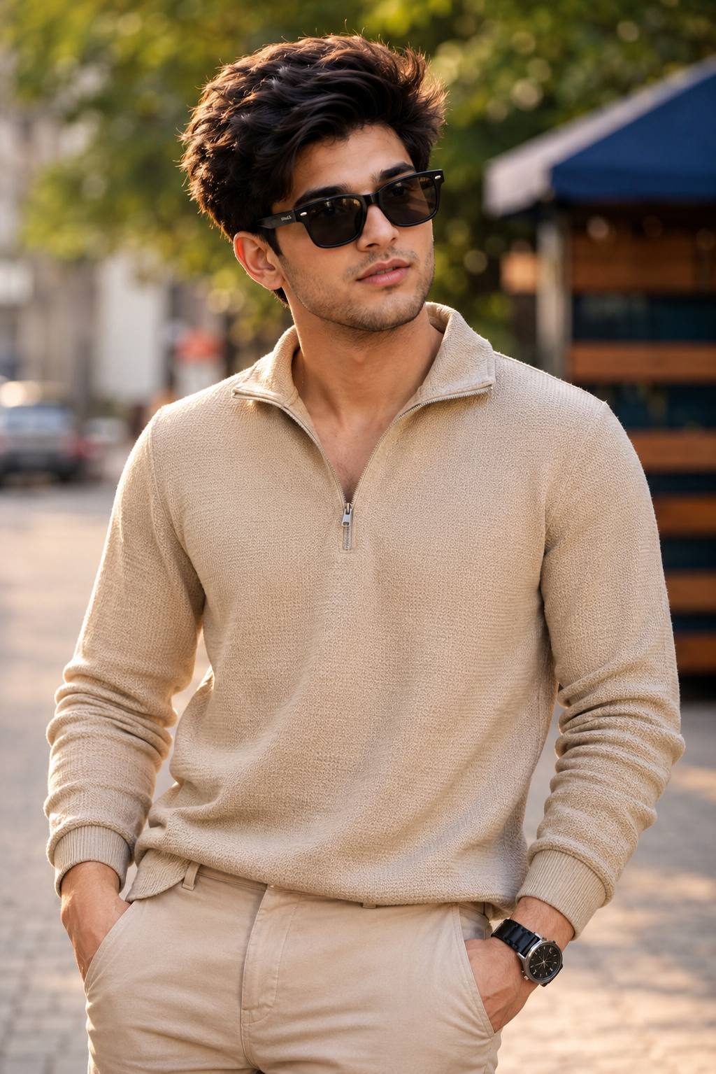 Beige Quarter-Zip Polo Portrait | Premium Men’s Fashion Editorial Photography AI Prompt