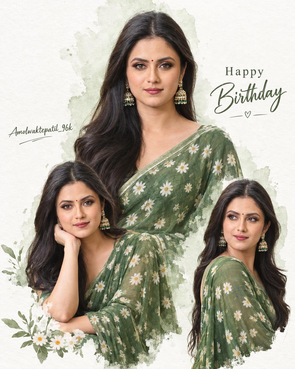 Women Birthday collage AI image prompt Gemini | Green daisy saree, triple portrait and elegant watercolor poster
