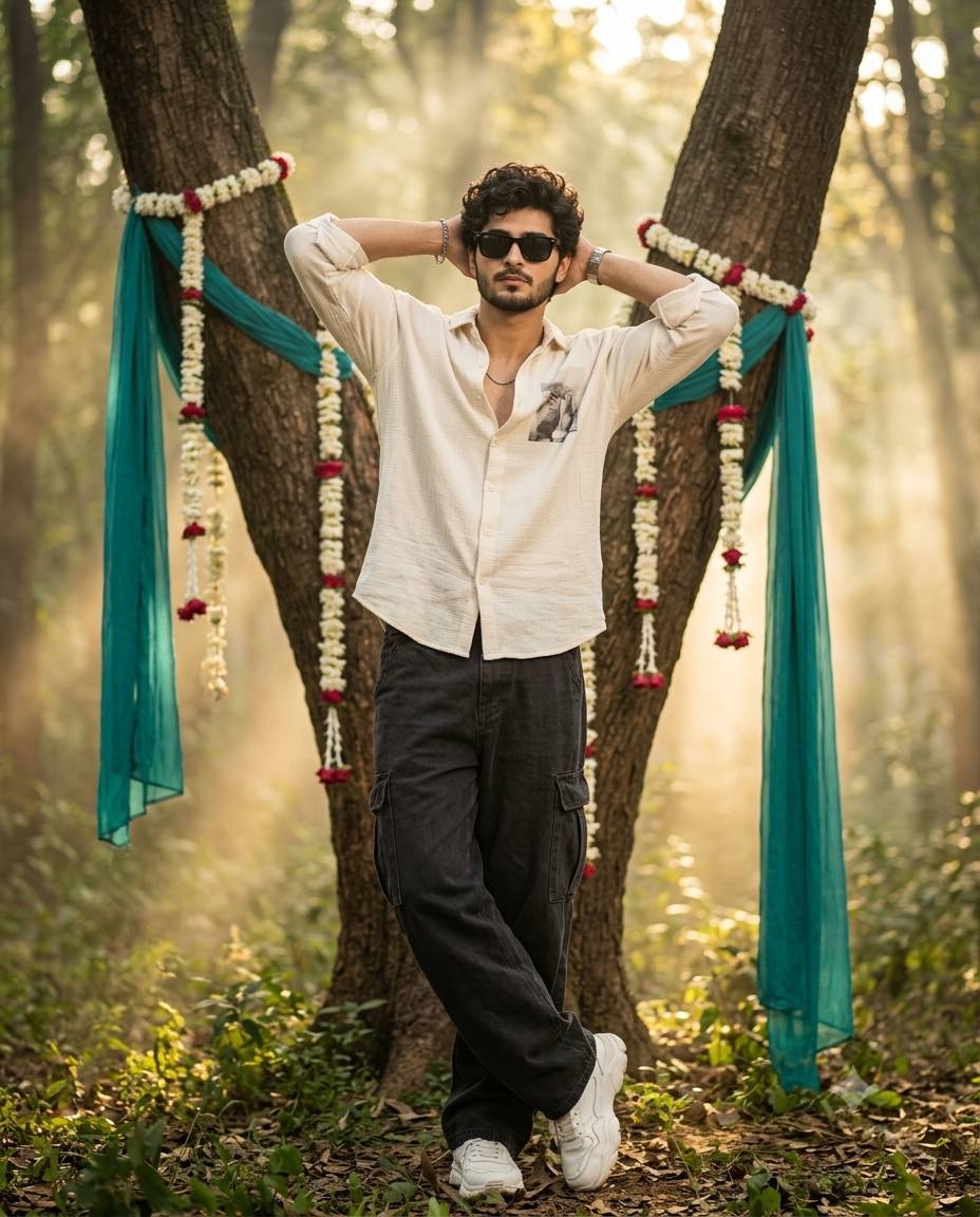 Bollywood forest fashion AI prompt | Off-white shirt, cargo pants & sunglasses