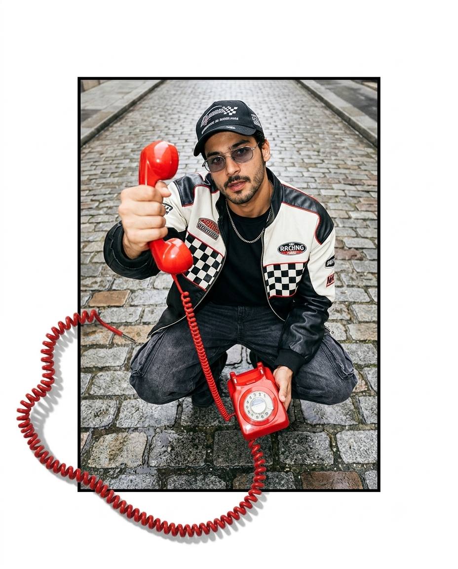 Paris fashion portrait AI prompt | Break-the-frame vintage telephone