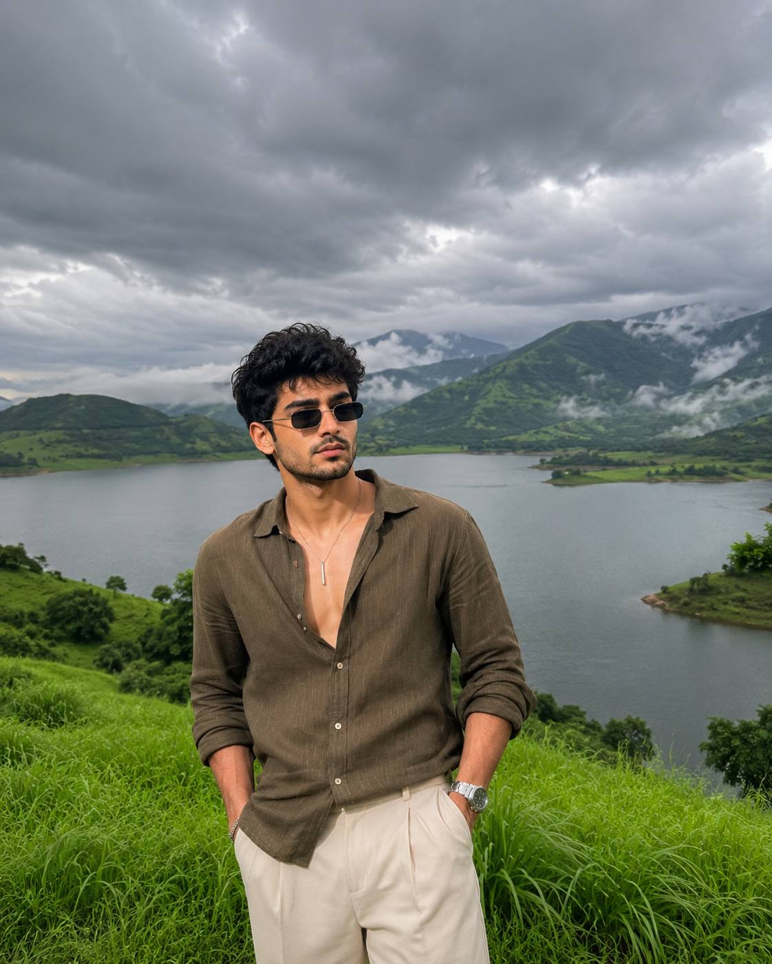 Breathtaking Monsoon Lake Landscape with Misty Green Hills | Photorealistic AI Image Prompt